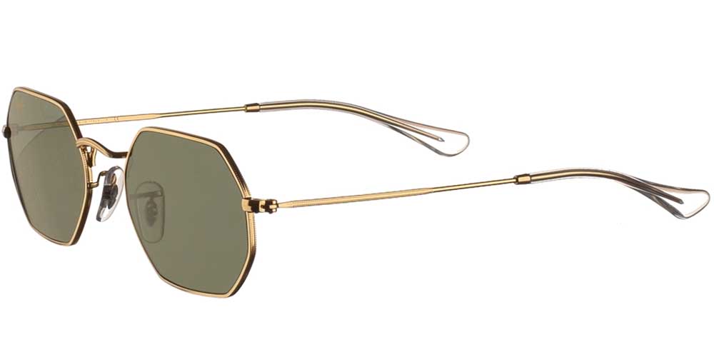 Μεταλλικά πολυγωνικά unisex γυαλιά ηλίου RB 3556N Octagonal σε χρυσό σκελετό και επίπεδους σκούρους πράσινους κρυστάλλους της εταιρίας Ray Ban για μικρά και μεσαία πρόσωπα.